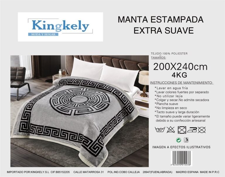 imagen de manta gruesa puesta en una cama, con ficha técnica de la manta